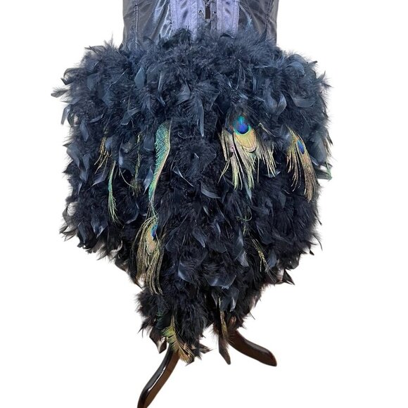 Fantasy Masquerade Peacock Feather Corset Dress Burlesque Gothic Steampunk Hi Lo - Picture 7 of 16
